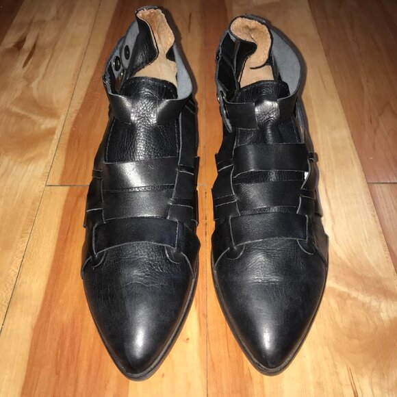 Free People Black Leather Style Nine Ankle Boots Double Buckle Strappy Booties - Picture 4 of 12